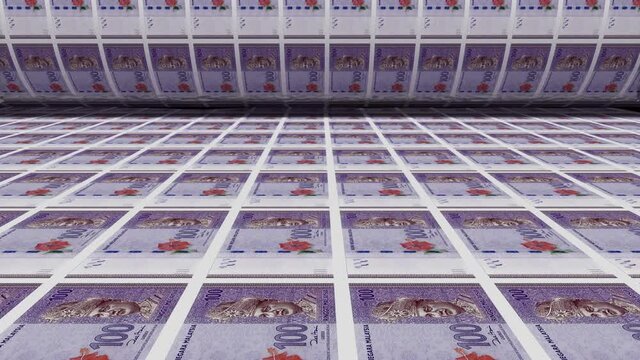 Inflation. Malaysian ringgit banknotes or bills, RM currency cash in Malaysia. Stack of money printing machine. Paper process in central bank. Economic, finance. Laundering.exchange. 3d illustration