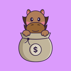 Cute horse playing in money bag.