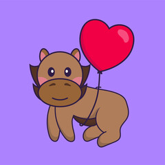 Cute horse flying with love shaped balloons.