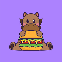 Cute horse eating burger.