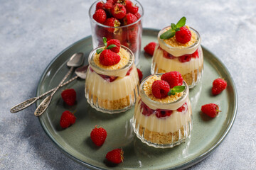 Homemade raspberry trifles on a light background.