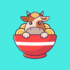 Cute cow eating ramen noodles.