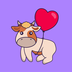 Cute cow flying with love shaped balloons.
