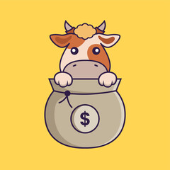 Cute cow playing in money bag.