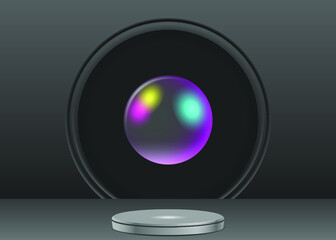 Realistic dark scene with a round pedestal and rainbow transparent sphere