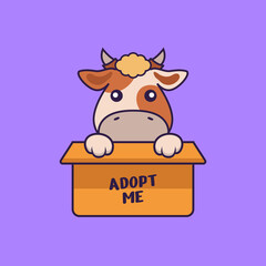 Cute cow in box with a poster Adopt me.
