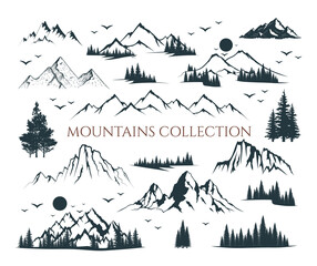 Mountain shapes and fir forest trees collection. Vector isolated illustration with rocky mountains, trees silhouettes. Landscapes and scenery.