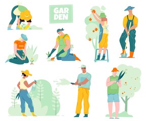 Fototapeta premium Cartoon gardeners. Vector set