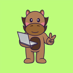 Cute horse holding laptop.