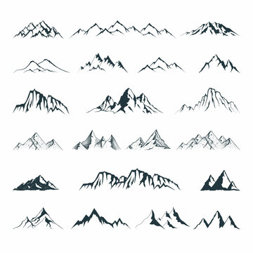 Big mountain shape set. Vector isolated illustration with rocky mountains silhouettes.