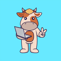 Cute cow holding laptop.