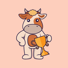 Cute cow holding gold trophy.
