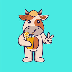 Cute cow holding orange juice in glass.