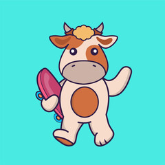 Cute cow holding a skateboard.
