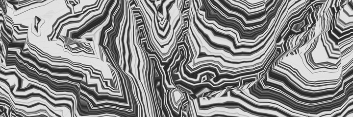 Fototapeta na wymiar 3D Abstract black and white mountain contour lines. Topographic terrain.