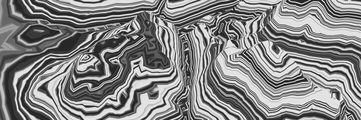 3D Abstract black and white mountain contour lines. Topographic terrain.