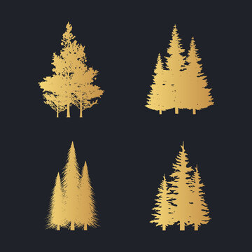 Vector isolated golden forest trees silhouettes. Icons set of gold pine, fir, aspen, elm bushes. 