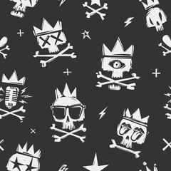 Rock'n'roll seamless pattern with grunge psychedelic skulls in crown on black background. Vector Rock and Roll cartoon doodle style funny skulls illustration. Rock star elements endless backdrop 