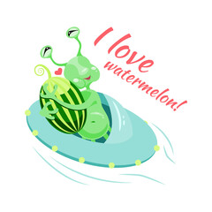 Image of an alien hugging a watermelon. Everyone loves watermelons and UFOs too. Vector image for celebrating National Watermelon Day on August 3, 2021.