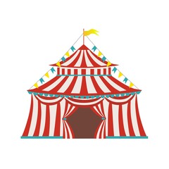 Circus red - white striped tent with a flag on the tops of the dome for carnival or entertainment design.