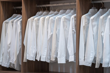 Men shirt white color hang on wardrobe or the wooden closet interior decoration of modern home architecture