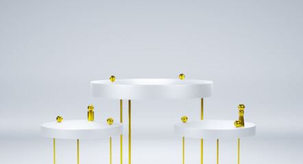 3d render of white and gold pedestal podium on white background.