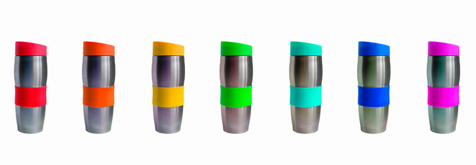 multicolor travel mug bottle isolated on white