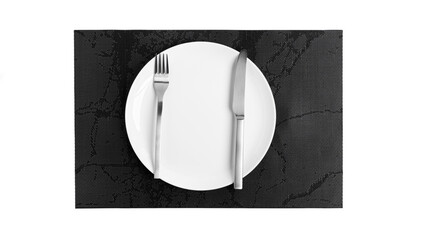 Sign language with cutlery. A plate with cutlery isolated on a white background. Plate, knife, fork on a white background.