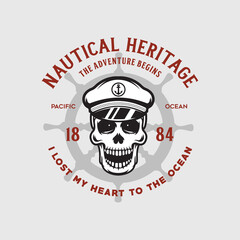 Nautical t shirt print with steering wheel skull and inscriptions. Vintage tee print design.