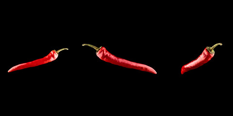 Red jalapeno set. Spicy chile cayenne pepper isolated. Red hot chili paprika collection on black...