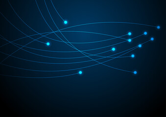 Obraz premium Glowing blue neon abstract futuristic hi-tech background. Blurred connection wavy lines dark vector design