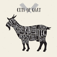 Meat cuts - goat. Diagrams for butcher shop. Scheme of goat. Animal silhouette goat. Guide for cutting.