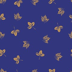 Handmade seamless pattern with yellow leaves on a blue saturated background.  Printing on fabric, wallpaper, packaging, stylization under a stamp or an imprint of summer leaves; rustic or boho 
