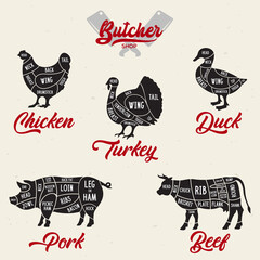 Fototapeta na wymiar Meat cuts set. Diagrams for butcher shop. Scheme of chicken, beef, pork etc. Animal silhouettes. Guide for cutting.
