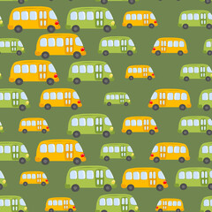 Seamless pattern with cute bus, car on green background. Cartoot transport. Vector illustration. Doodle style. Design for baby print, invitation, poster, card, fabric, textile