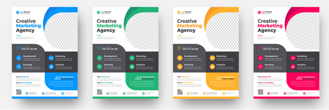 Corporate business flyer template design set with blue, yellow, pink and green color. digital marketing agency flyer, business marketing flyer set, grow your business digital marketing new flyer.