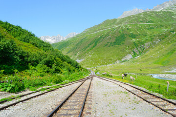 Fototapeta na wymiar Railroad tracks at a fork. Fourka 2163 m. Switzerland. Alps.