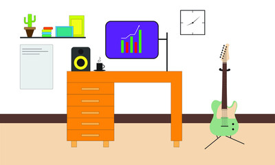Studio workspace or home workspace of musicians and investors, vector and flat line illustration.
