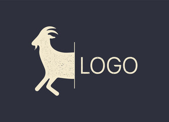 Vintage goat logo for Butchery meat shop, goat farm, dairy farm. Logo template for meat business, meat shop. Isolated white silhouette goat on black background. Vector Illustration