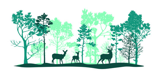 Green set of trees of different shapes and sizes, deer, doe, fawn. Brush. Silhouettes of forest and animals. Illustration isolated on white background.