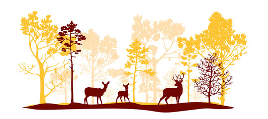 Red, orange, pink set of trees of different shapes and sizes, deer, doe, fawn. Brush. Silhouettes of forest and animals. Illustration isolated on white background.