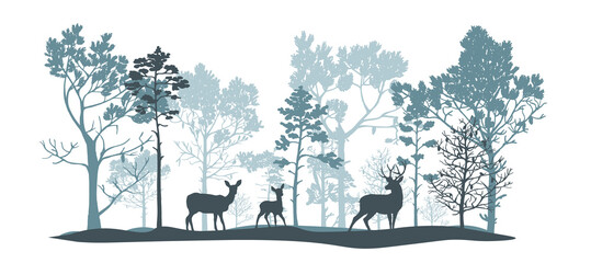 Obraz premium Blue and gray set of trees of different shapes and sizes, deer, doe, fawn. Brush. Silhouettes of forest and animals. Illustration isolated on white background.