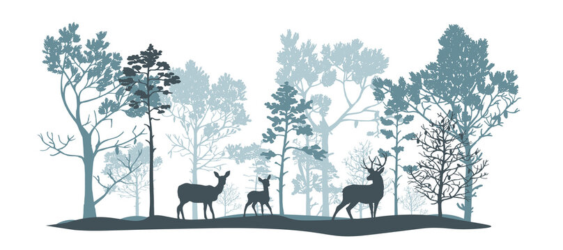 Blue and gray set of trees of different shapes and sizes, deer, doe, fawn. Brush. Silhouettes of forest and animals. Illustration isolated on white background.