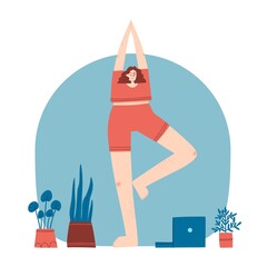 Young woman doing yoga exercises with video course at home. Cozy room interior background with laptop, plants. Flat vector illustration.