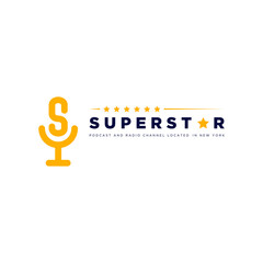Superstar podcast logo with microphone and letter S design for your podcast or radio channel vector illustration