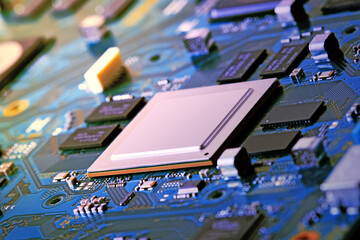 Electronic circuit board close up.	