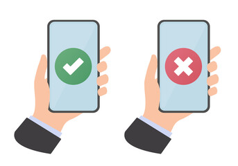 Human hand holding mobile phone. Colored vector flat illustration. Isolated on white background.