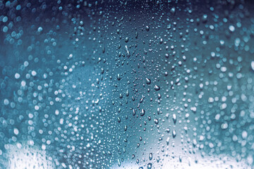 Fototapeta na wymiar Rain drops on the window, rainy night with cool lights. Drop pattern.