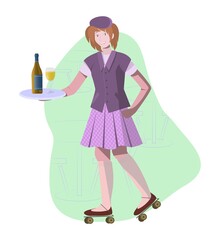 Vector illustration of waitress on roller skates with wine and bottle on a tray