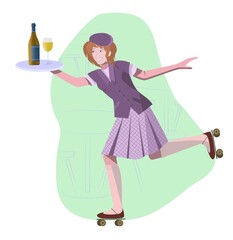 Vector illustration of running waitress on roller skates with wine and bottle on a tray